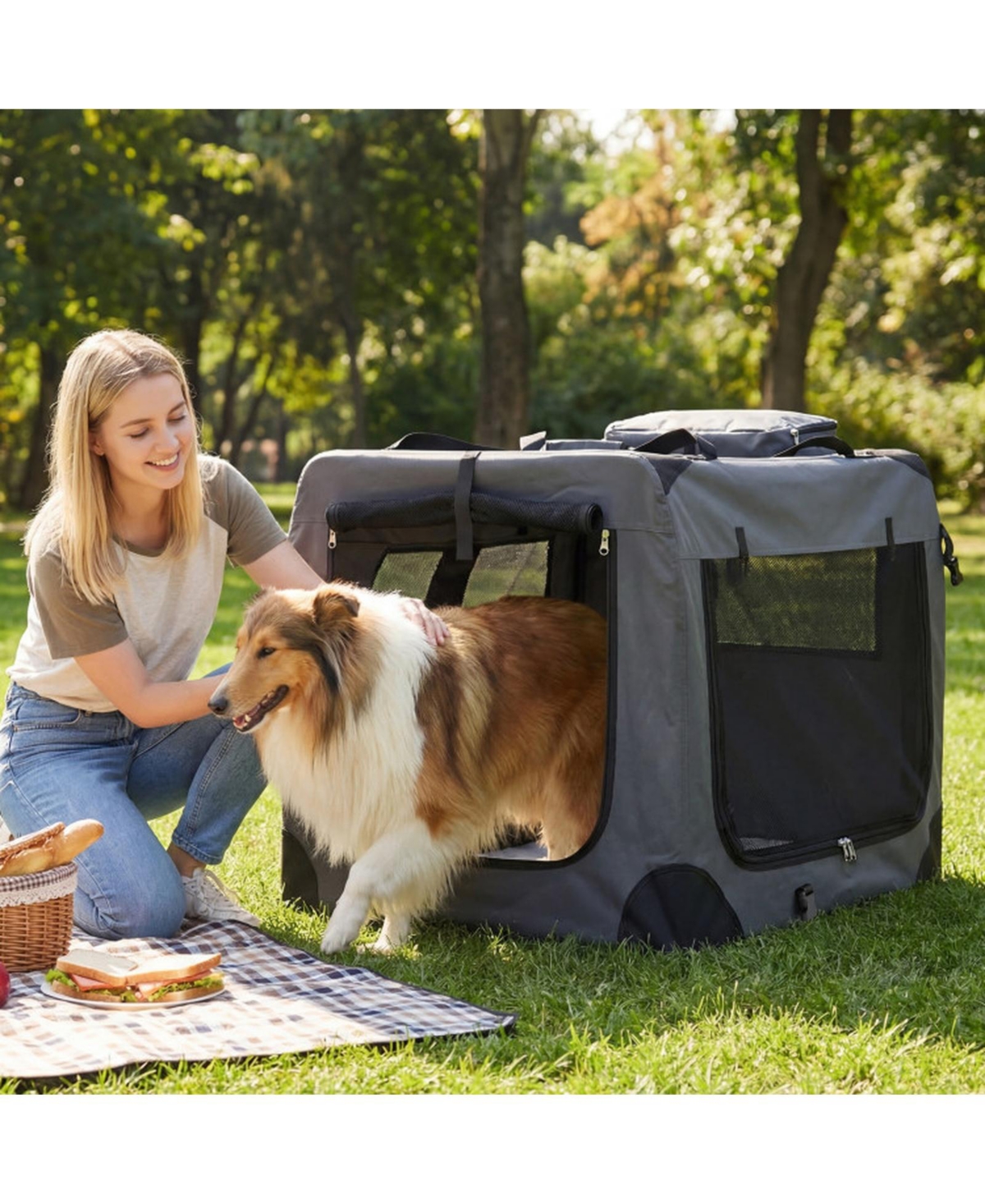 Hongge Collapsible Soft Dog Travel Crate with Mesh Windows 3 Doors and Washable Cushion