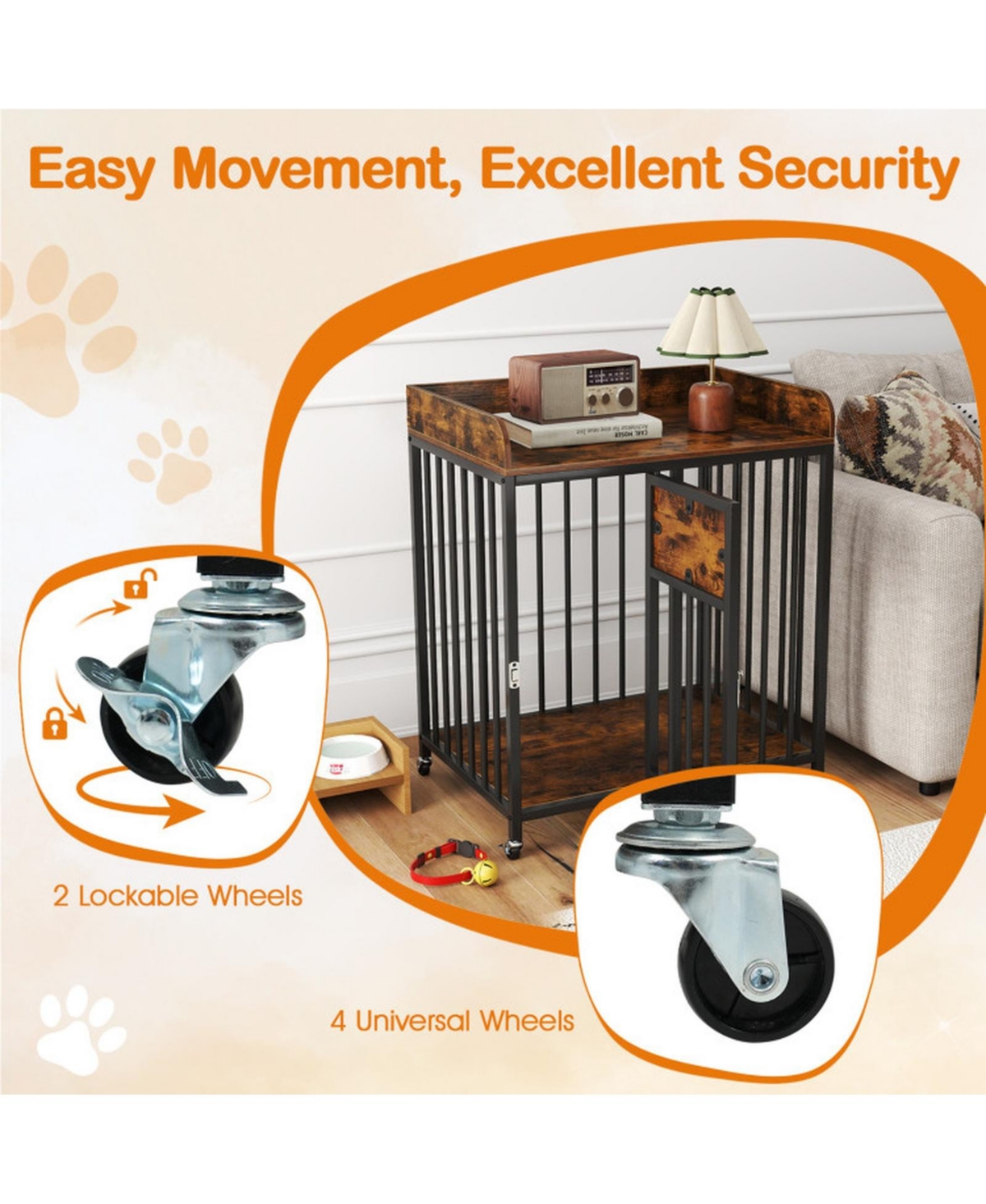 Hongge 27.5 in Dog Crate Furniture with Wheels Lockable Door and Tabletop for Small Dogs