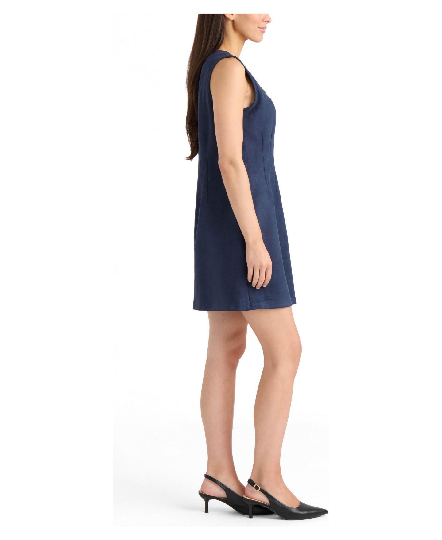 Женское платье Ellen Tracy Sleeveless Embellished A-Line Faux Suede, цвет: Тёмно-синий — фото 3