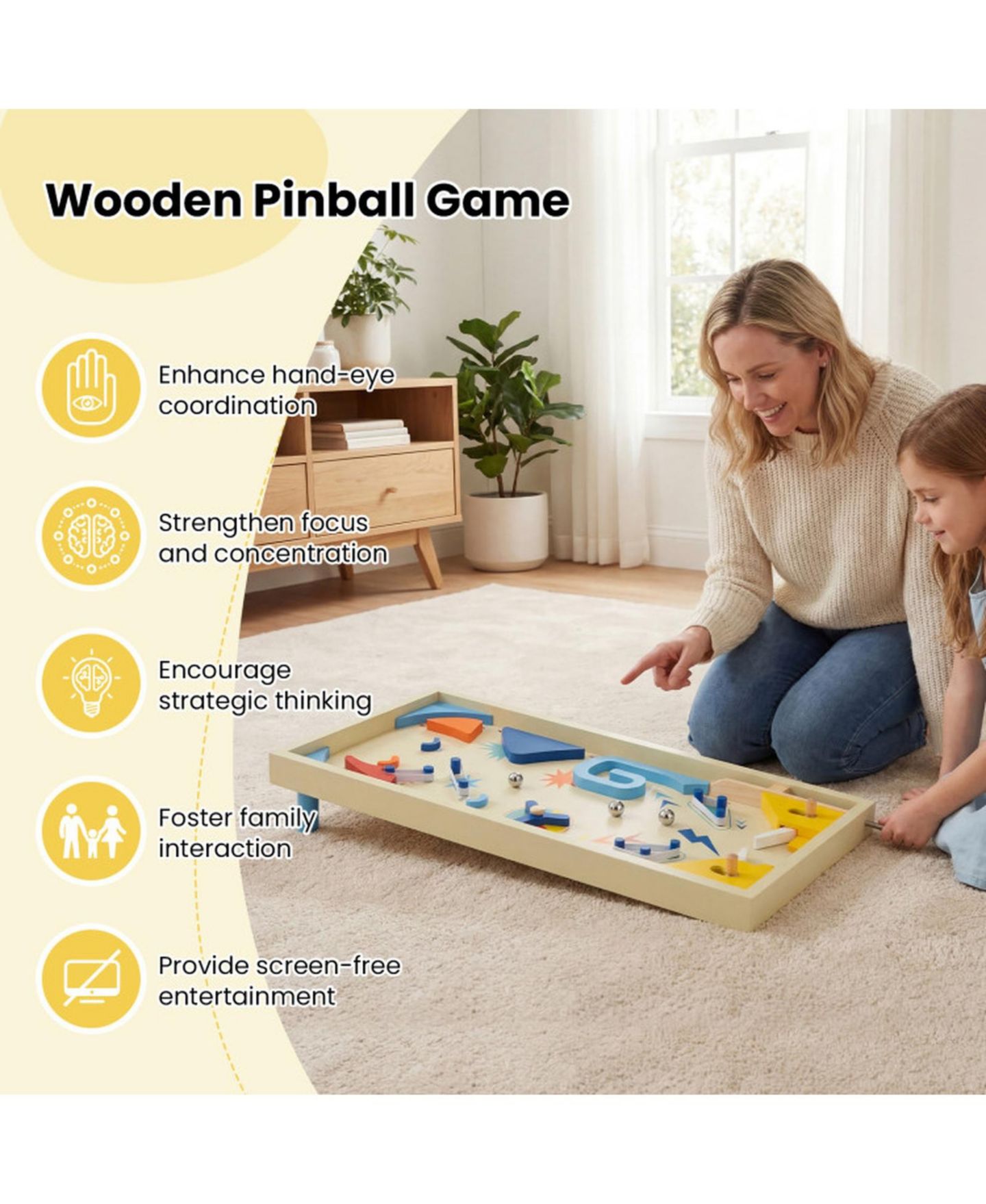 Детская игрушка HONGGE Wooden Pinball Machine with 3 Metal Balls, Ages 8+, цвет: Натуральный — фото 5