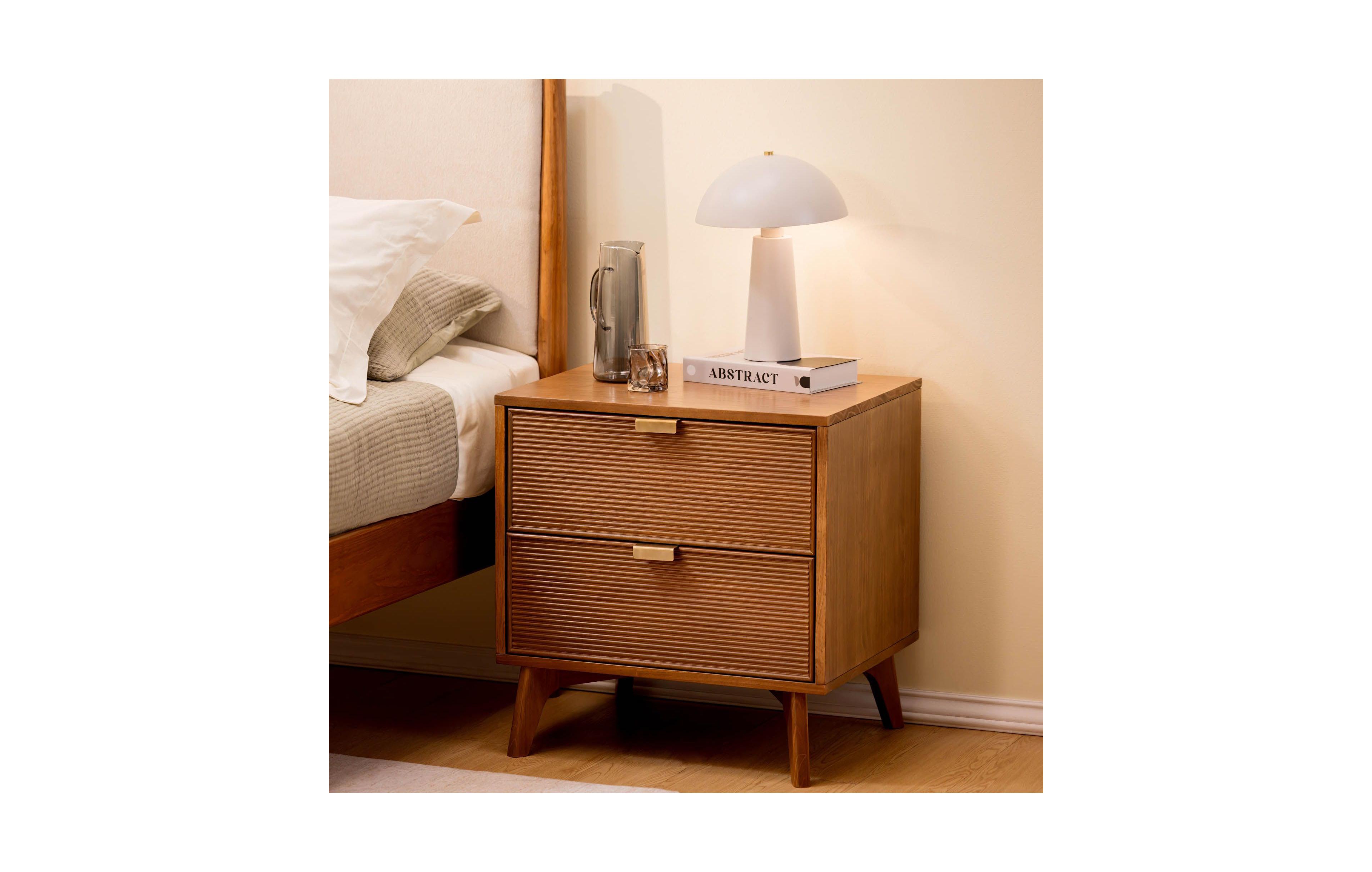 Plank+Beam Linea Tambour 2 Drawer Nightstand with Brass Pull, Pecan