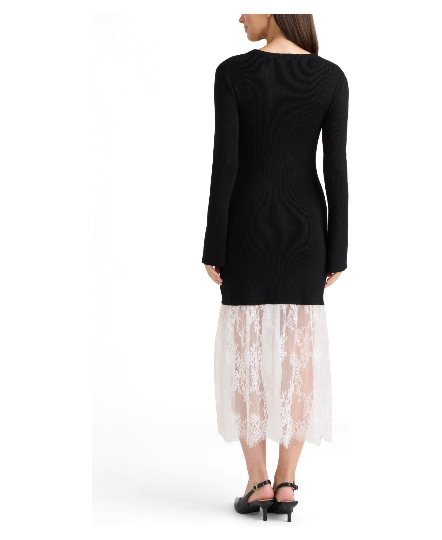 Женское платье Ellen Tracy Sheer-Lace Long-Flared-Sleeve Sweater Dress, цвет: Чёрный / Зефирный — фото 2