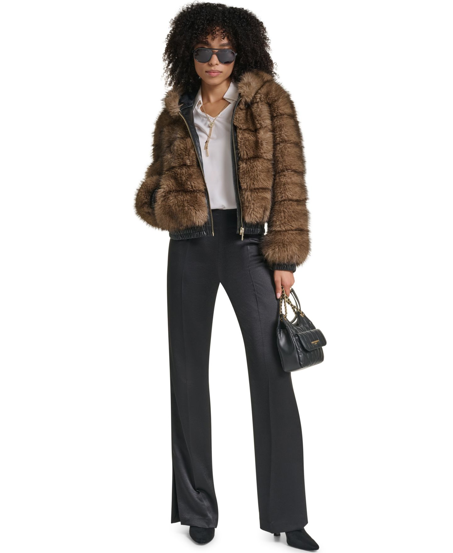 Женская куртка KARL LAGERFELD PARIS Hooded Faux Fur Bomber, цвет: Коричневый разноцветный — фото 7