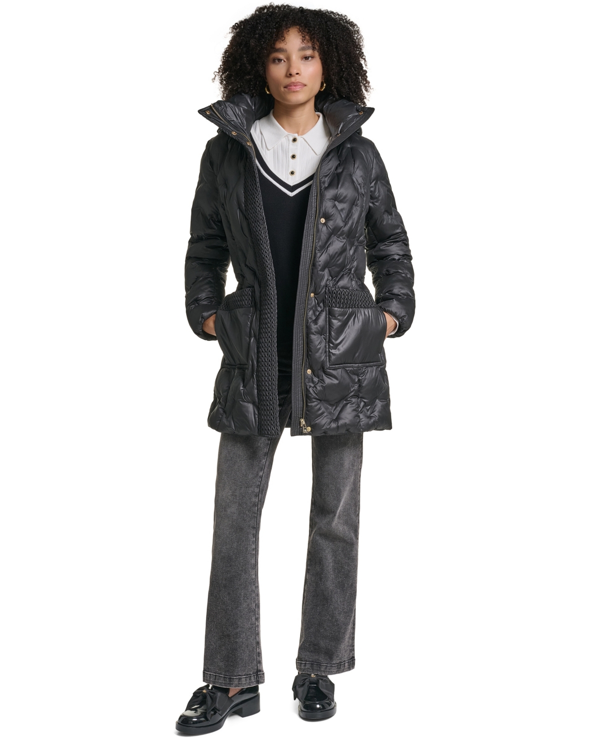 Karl Lagerfeld Paris Women's Heat-Seal Deatil Belted Long Puffer Coat
