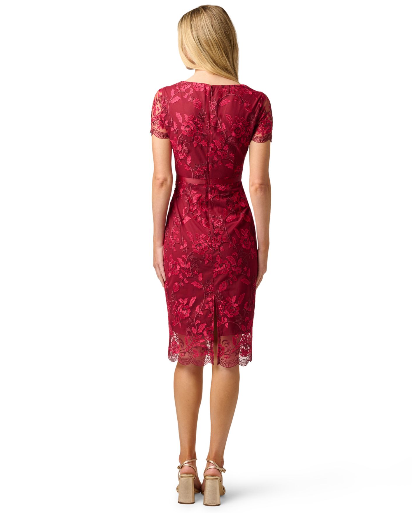 Женское платье Adrianna Papell Short-Sleeve Square-Neck Floral-Embroidered, цвет: Бордовый / Розовый — фото 6