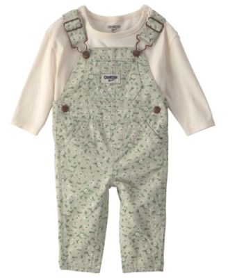 Baby Girls' Long-Sleeve Top and Floral Twill Overalls, 2-Piece Set