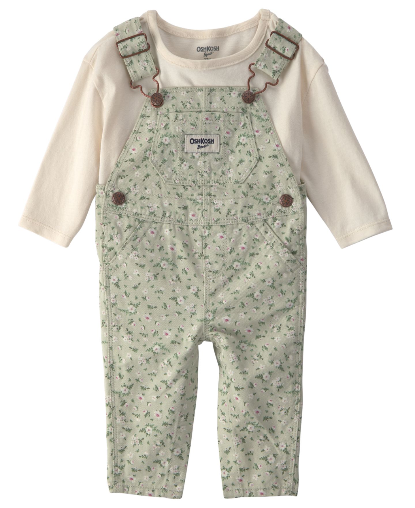 Детский комплект Oshkosh B'Gosh для девочки: топ и цветочный твиловый полукомбинезон, цвет: Зелёный / Слоновая кость — фото 1