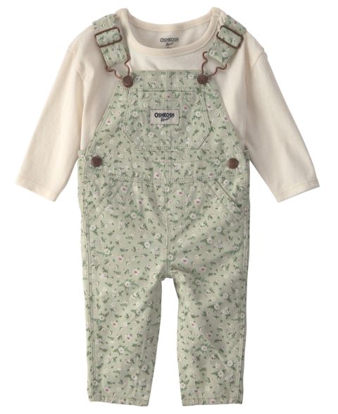 Детский комплект OshKosh B'gosh для девочки: топ и цветочный твиловый полукомбинезон, цвет: Зелёный / Слоновая кость