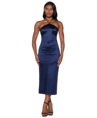 Juniors' Stone-Embellished Halter Neck Satin Midi Dress