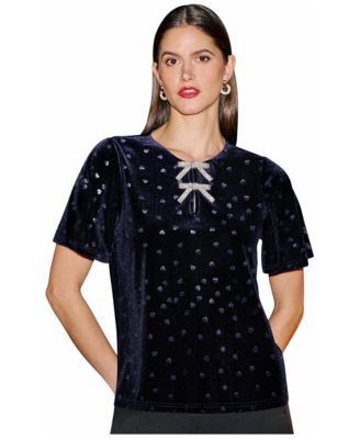 Women's Velvet Heart-Print Bow Detail Top