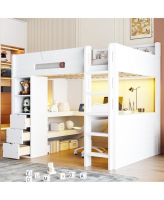 Full Size Wooden Gaming Loft Bed with Desk, RGB Lights and Storage