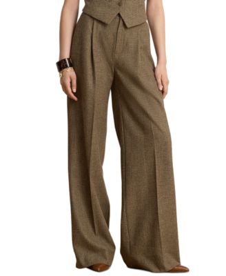 Petite High-Rise Wide-Leg Plaid Wool Pants, 29" Inseam