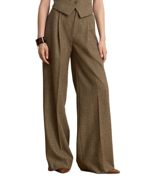 Женские брюки Lauren Ralph Lauren High-Rise Pleated Wide-Leg Wool, цвет: Коричневый / Рыжевато-коричневый разноцветный