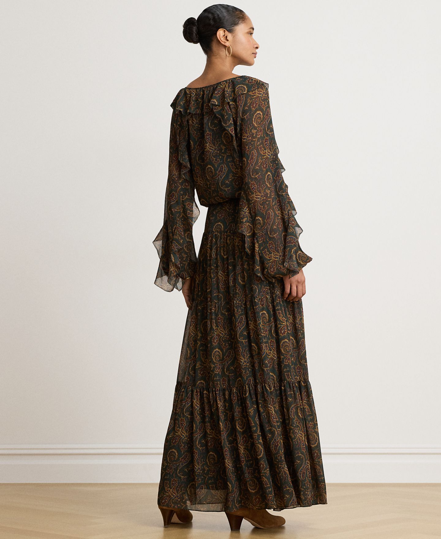Женское платье Lauren Ralph Lauren Petite Paisley Long-Sleeve Tiered Maxi, цвет: Зелёный разноцветный — фото 4