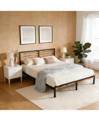Full Size Metal Platform Bed Frame with Wood Headboard and Under Bed Storage
