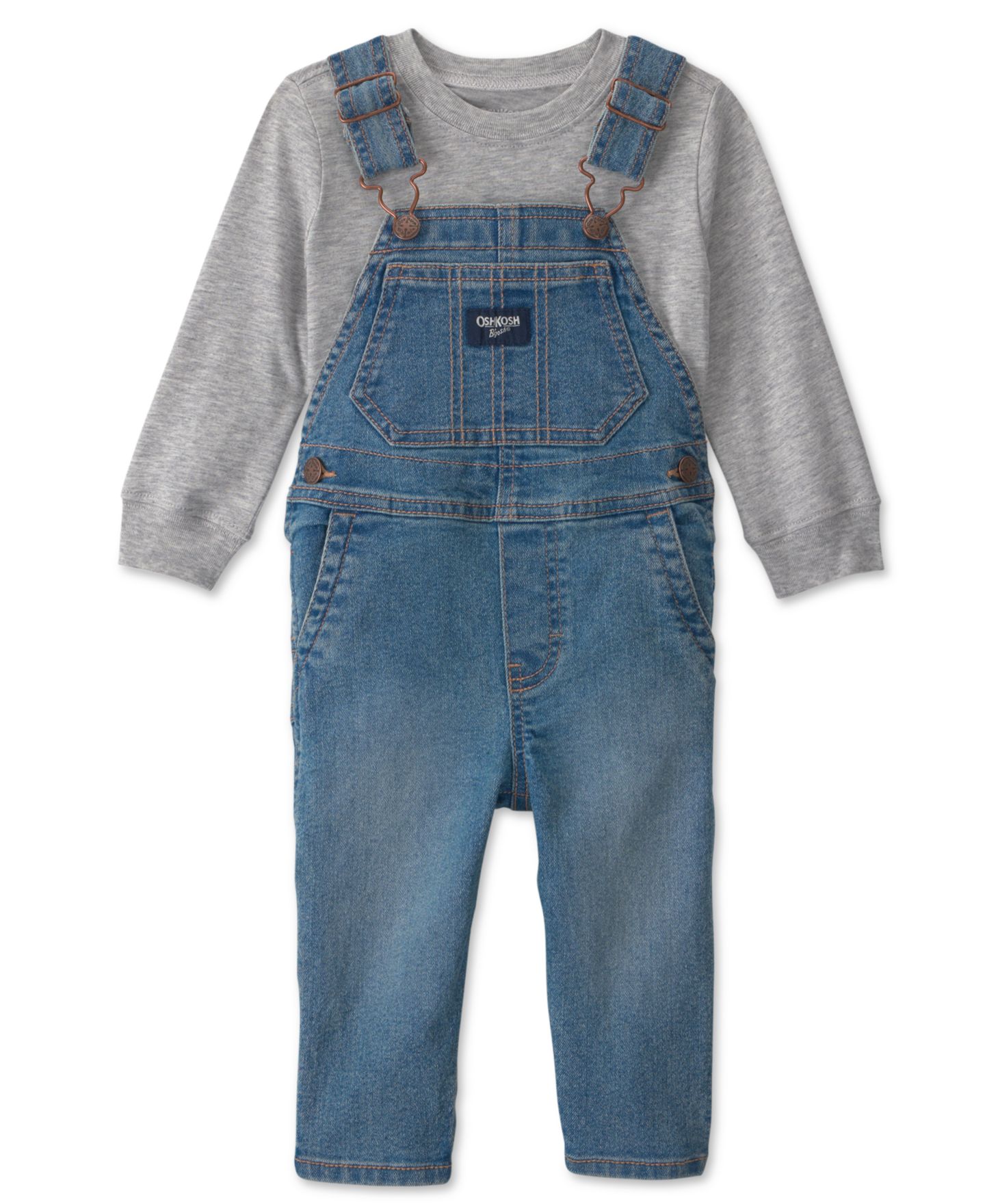Детский комплект Oshkosh B'Gosh для малыша: джинсовый полукомбинезон и футболка, цвет: Синий / Серый — фото 1