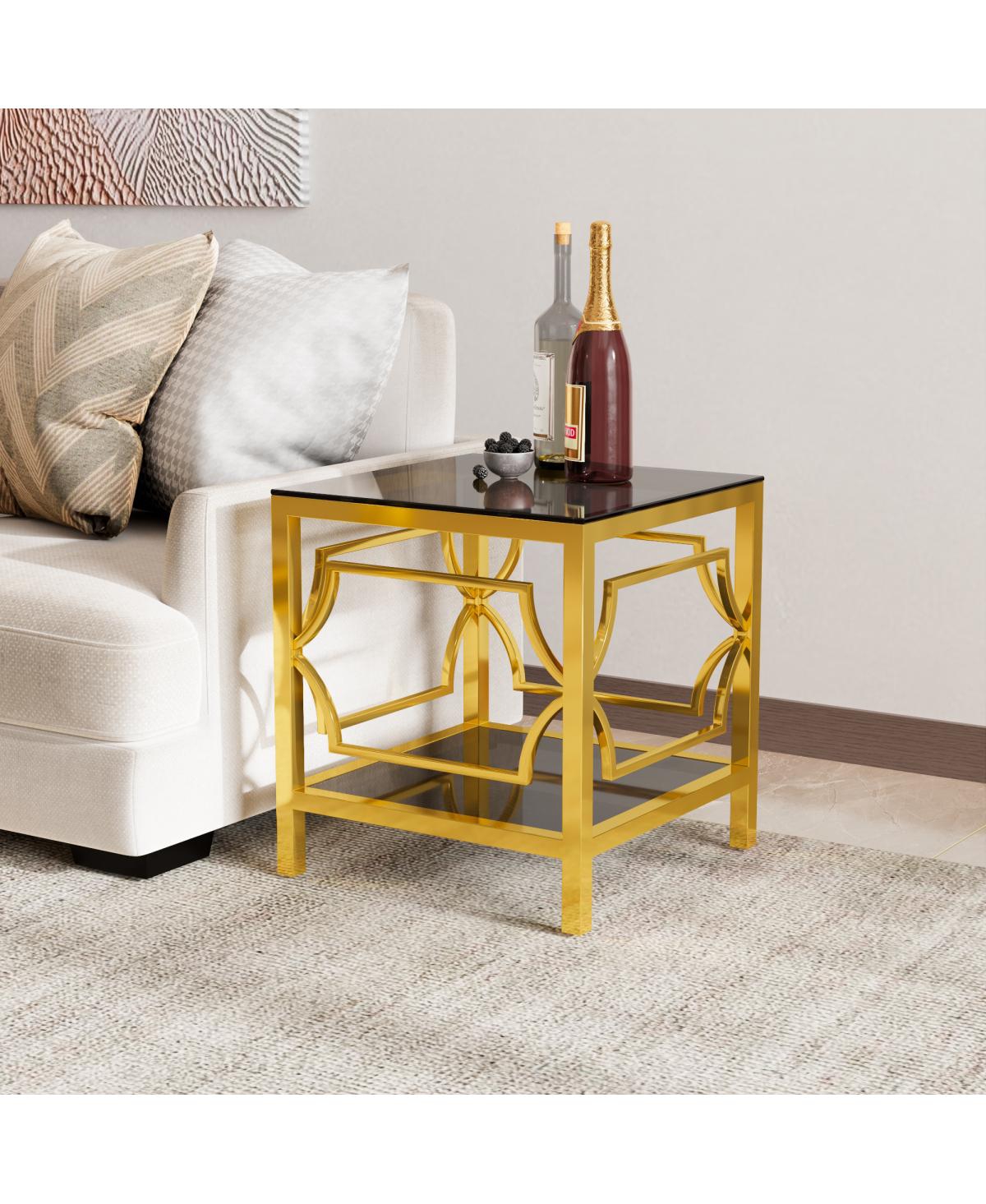 Streamdale Furniture 19.7" Modern Square Side Table with Tempered Glass Top and Storage Shelf