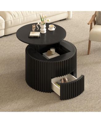 Round Fluted Wood Lift Top Coffee Table with Hidden Storage