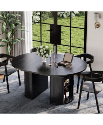 Extendable Round Dining Table – Modern Farmhouse Fluted Pedestal with 2-Tier Storage Shelf and Drawer, 47.5–63" Expandable