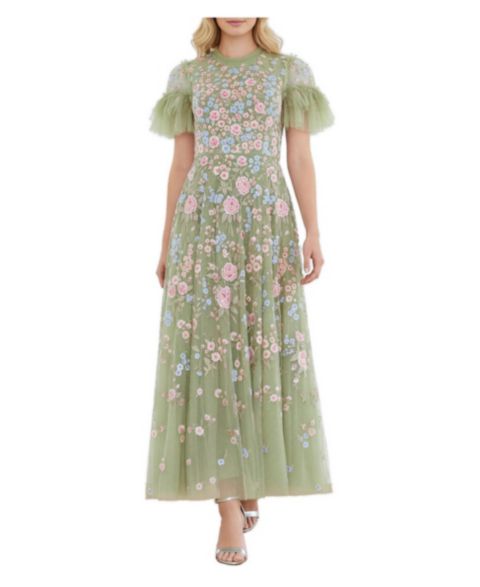 Женское платье Needle & Thread Antoinettes Floral Short-Sleeve Tulle-Ruffle Gown, цвет: Meadow