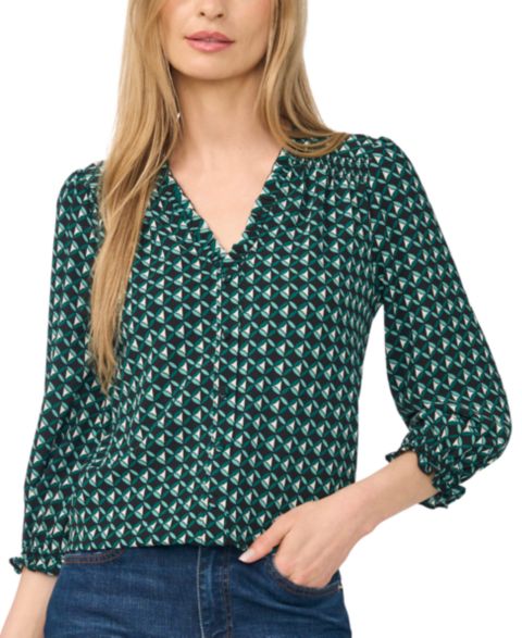 Женская блузка CeCe 3/4-Sleeve V-Neck Button-Front Blouse, цвет: Глубокий еловый