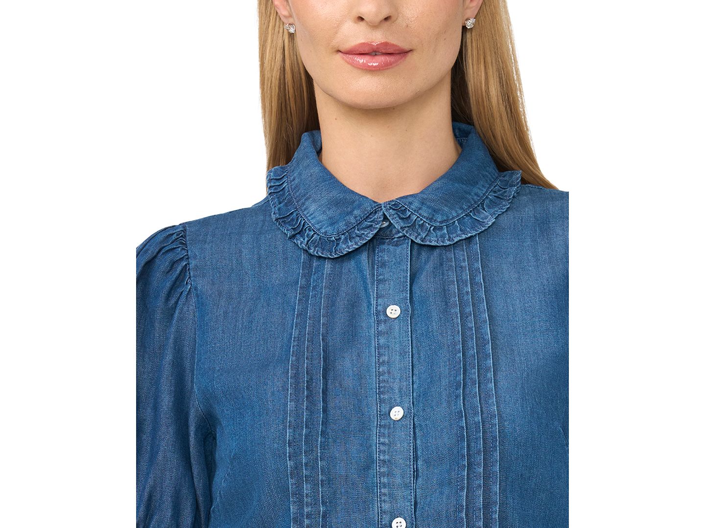 Женский топ CeCe Puff-Sleeve Cropped Ruffle-Collar Top, цвет: Светлый синий варёный — фото 3