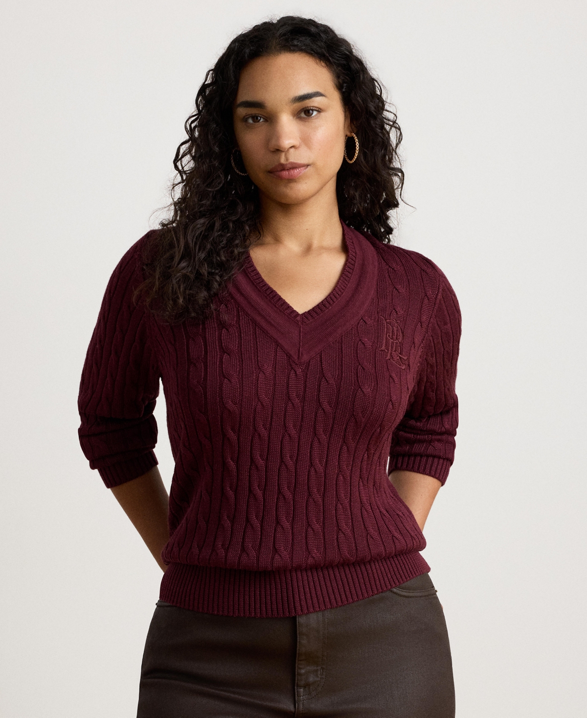 Lauren Ralph Women's Long-Sleeve V-Neck Cable Knit Sweater