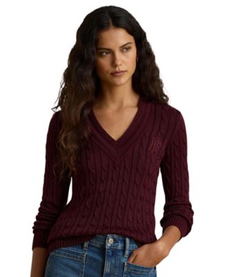 Women's Long-Sleeve V-Neck Cable Knit Sweater