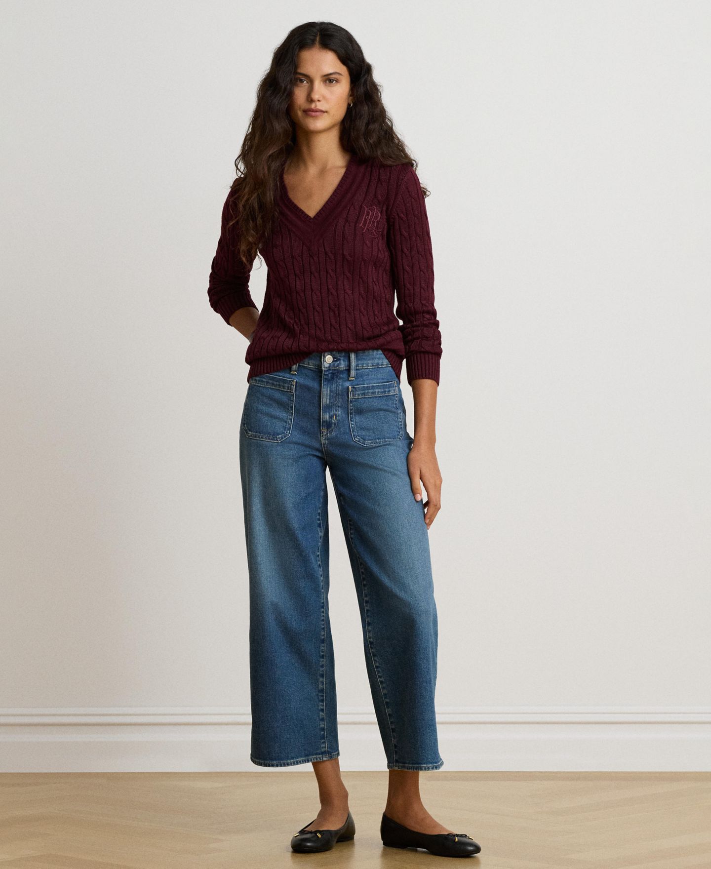 Женский свитер Lauren Ralph Lauren Long-Sleeve V-Neck Cable Knit, цвет: Тёмный гранатовый — фото 3