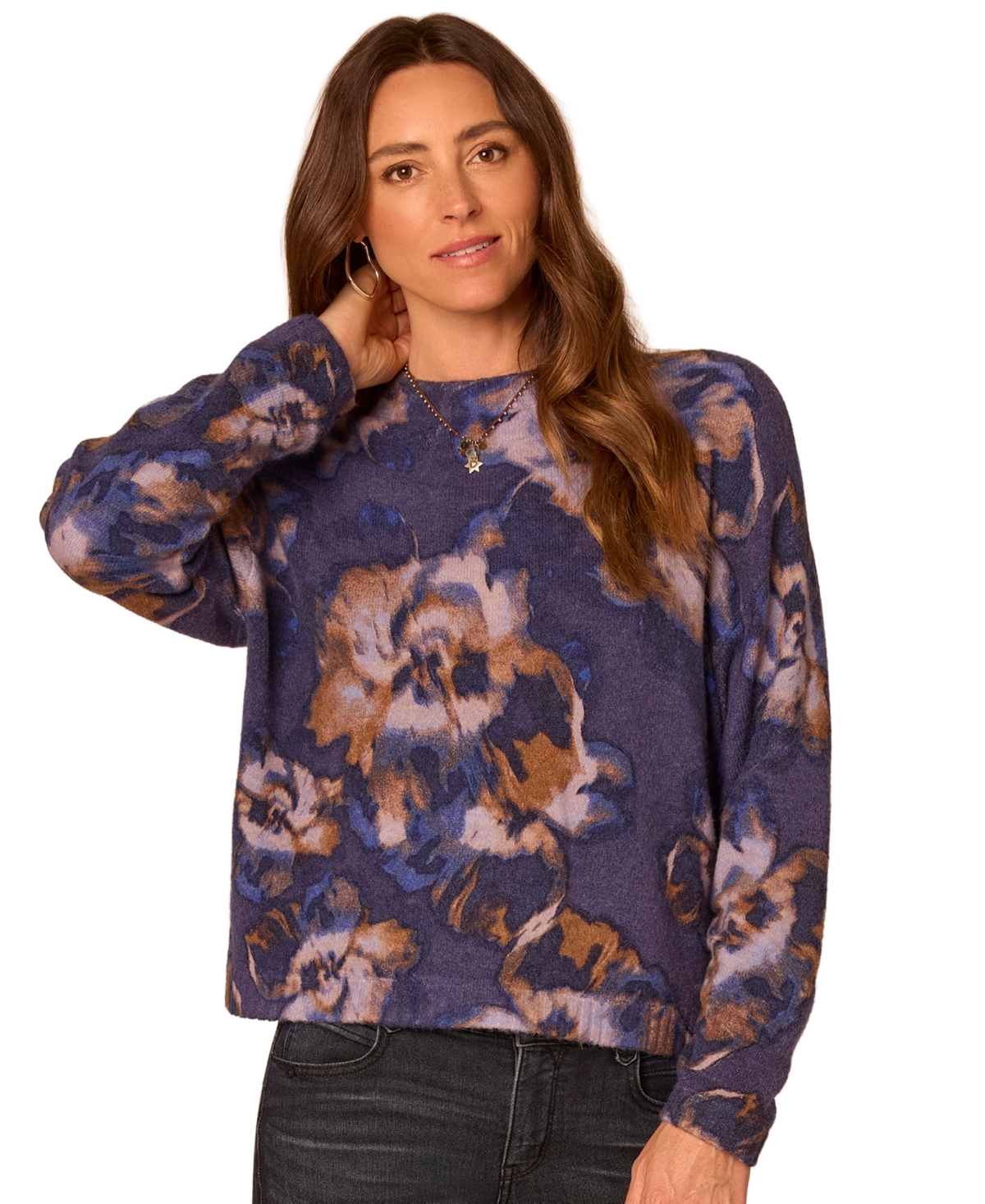 Democracy Petite Mock Neck Printed Sweater In Evening Blue