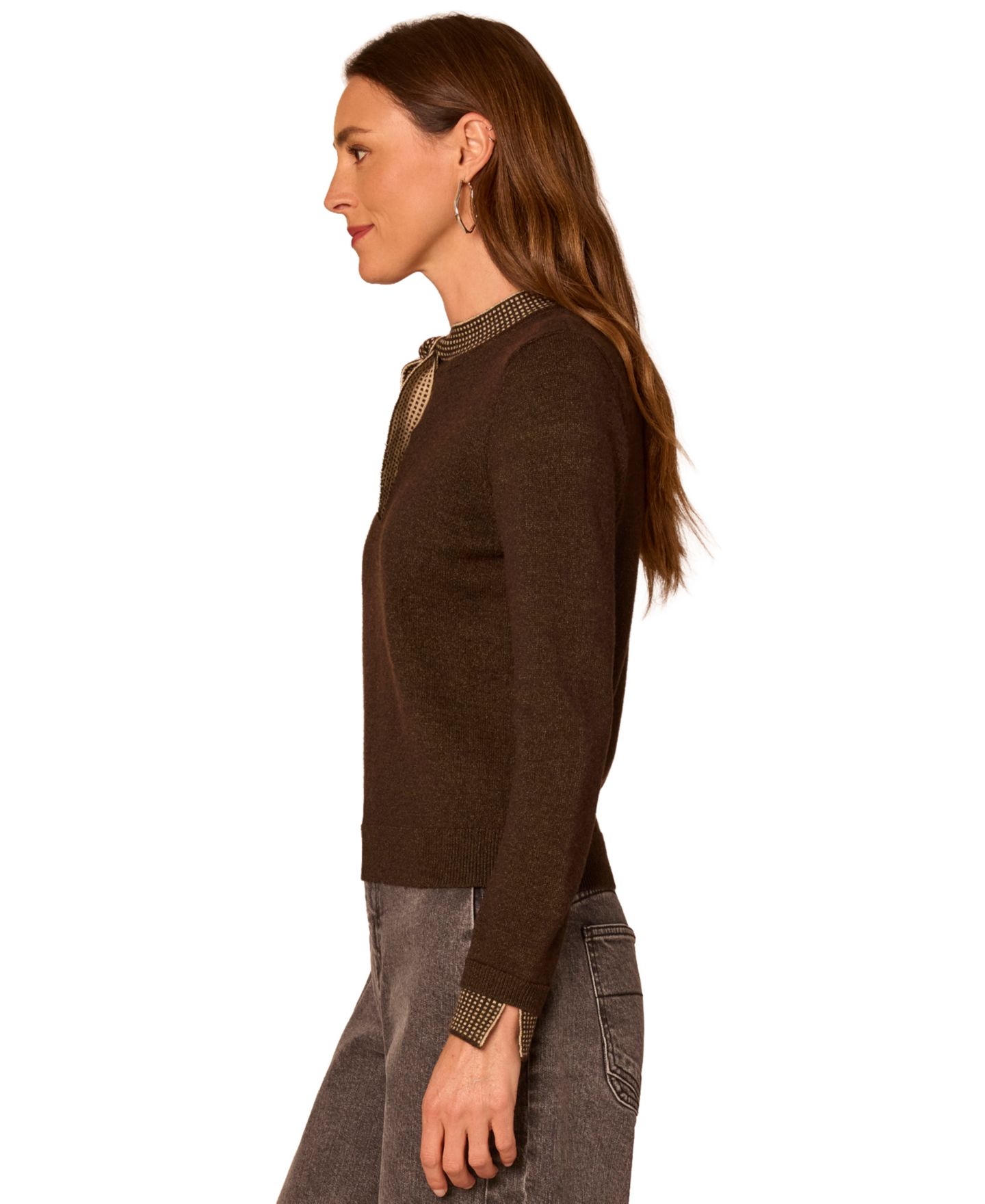 Женский свитер Democracy Petite Self-Tie Long-Sleeve Pullover, цвет: Меланжевый коричневый / Овсяный — фото 3