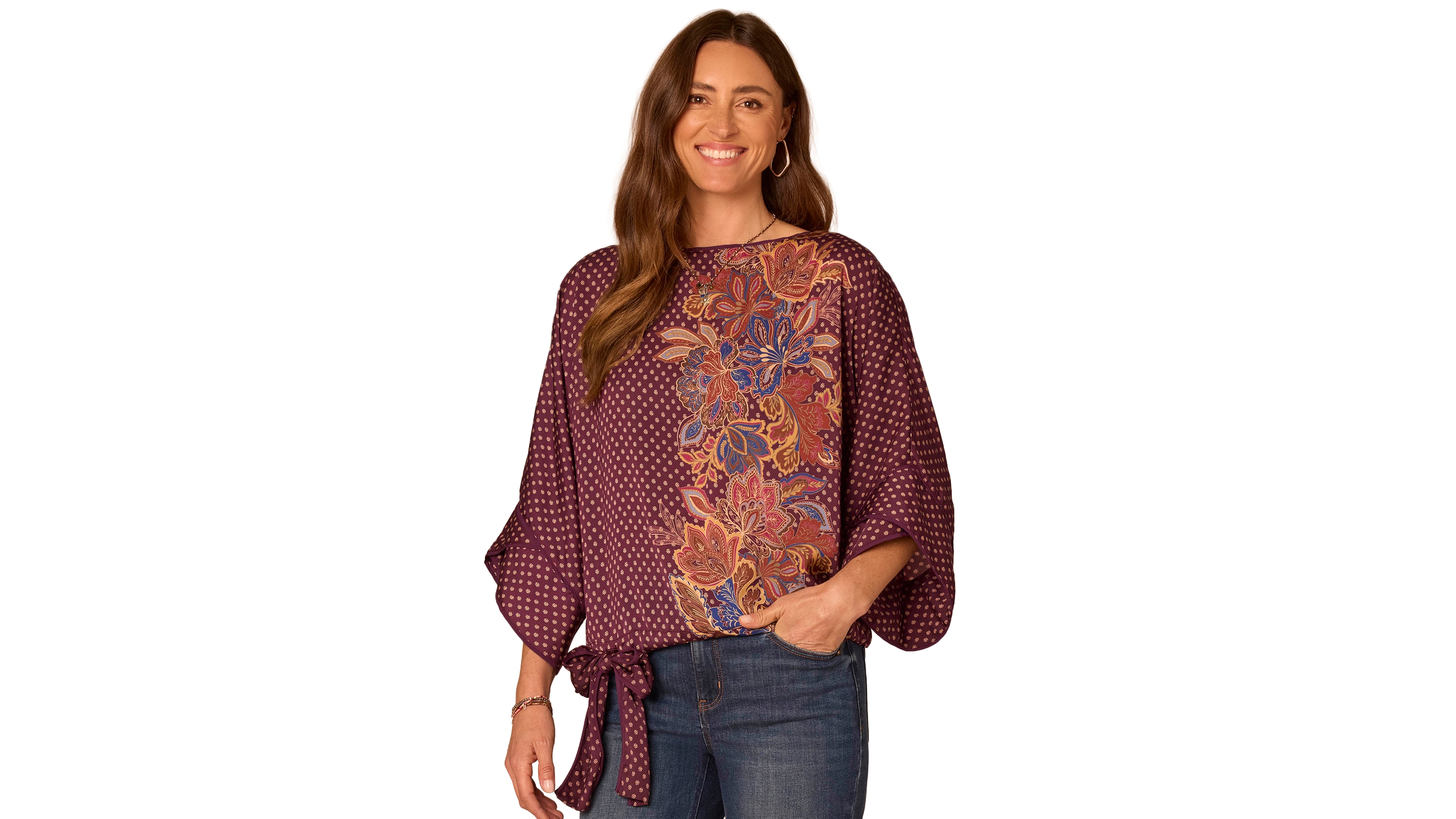 Democracy Petite 3/4 Dolman-Sleeve Boat-Neck Print Blouse