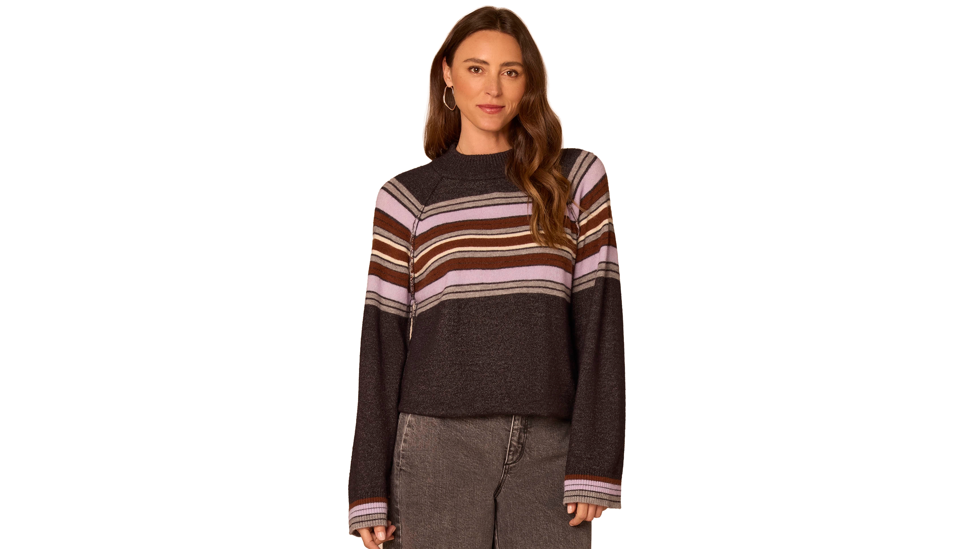 Democracy Petite Placement-Stripe Mock-Neck Bubble-Hem Sweater