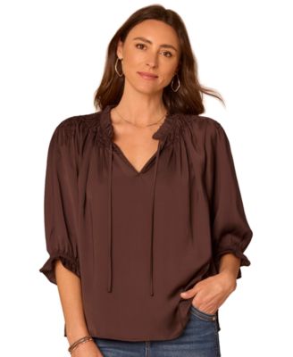 Women's Petite 3/4-Sleeve Split-Neck Honeycomb-Embroidered Blouse
