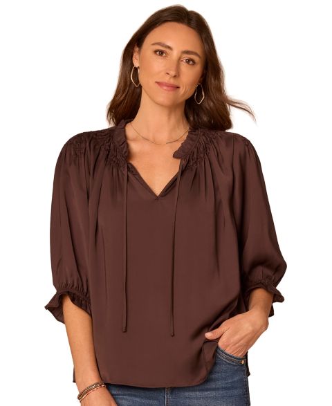 Женская блузка Democracy Petite 3/4-Sleeve Split-Neck Embroidered Blouse, цвет: Коричневый