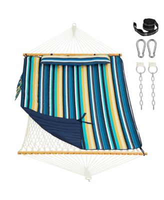 Two Person Rope Hammock With Detachable Pad Spreader Bar Tree Straps Carabiners 450 Lbs Weight Capacity