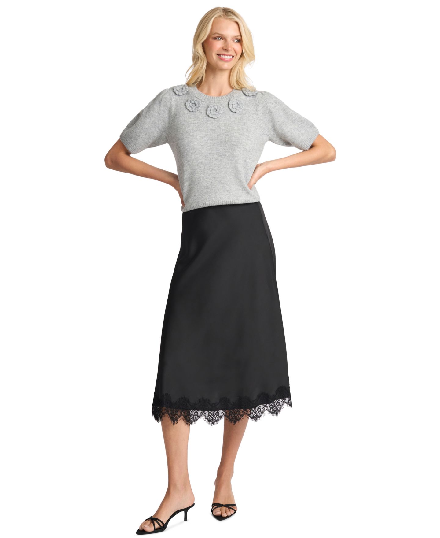 Женский свитер CeCe Short-Sleeve Crewneck Knit-Flower, цвет: Светлый меланжевый серый — фото 2