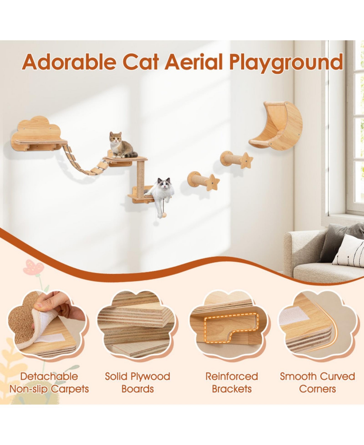 Hongge Wall-Mounted Cat Shelf Set with Suspended Cat Hammock