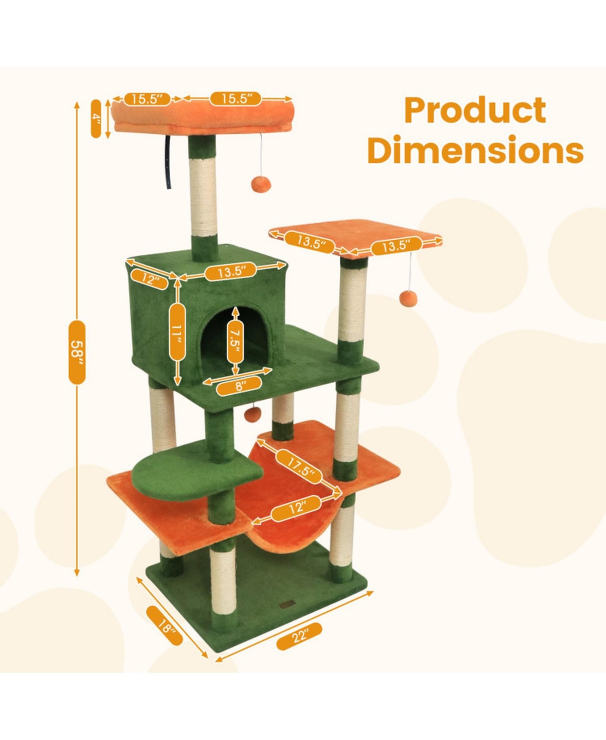 Hongge Plush 58 Inch Multi-Level Cat Tower with Hammock Lounge