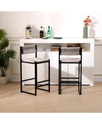 Set of 2 Hand Weave Bar Stools with Backrest Counter Height Paper Rope Woven Dining Chairs for Kitchen or Home