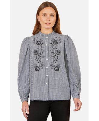 Women's Gingham Embroidered Long-Sleeve Blouse