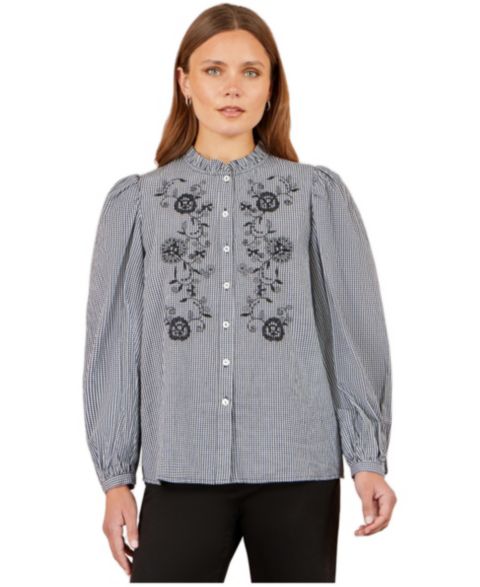 Женская блузка Yumi Gingham Embroidered Long-Sleeve, цвет: Чёрный