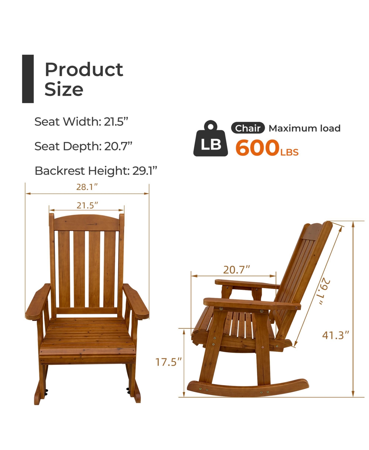 Solid Wood Outdoor Rocking Chair, All-Weather High Back Patio Rocker with Comfortable Recline and Contoured Seat Deep Brown)