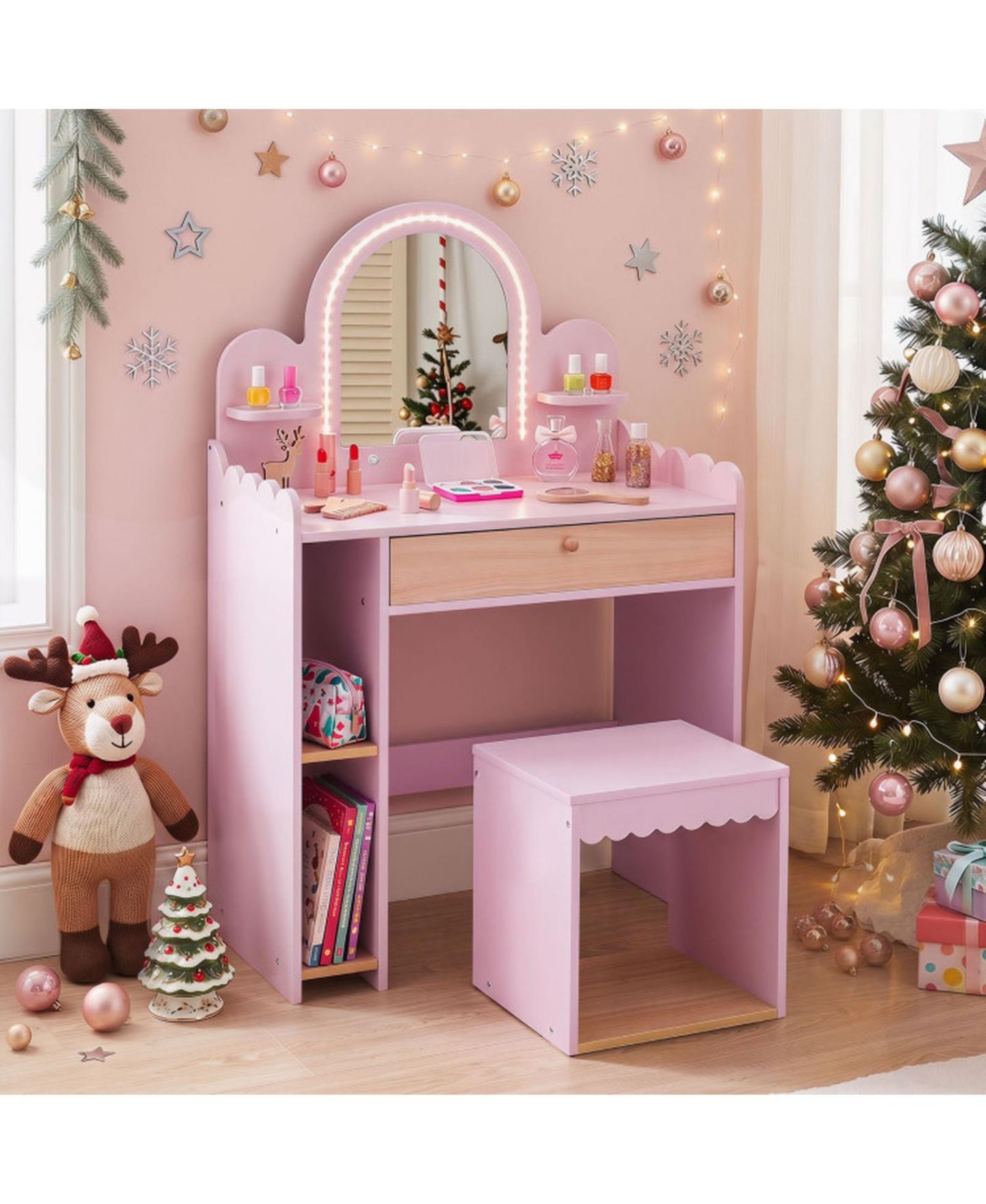 Детские игрушки HONGGE Lighted Makeup Mirror 2-Piece Vanity and Chair Set, Ages 3+, цвет: Розовый / Коричневый — фото 9