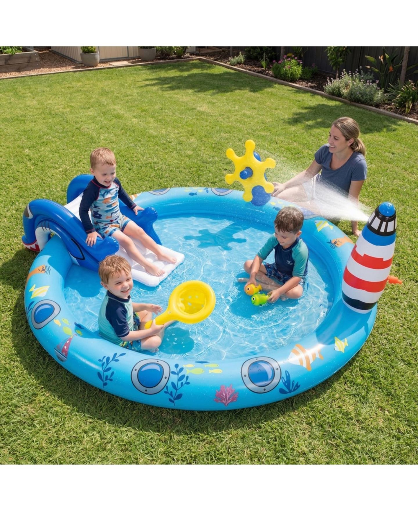 Детская игрушка HONGGE Marine Life Inflatable Spray Pool Play Center with Shark Slide, 74"L x 60.2"W x 24.8"H, 43-Gallon Capacity, Ages 2+, цвет: Океанский синий — фото 10