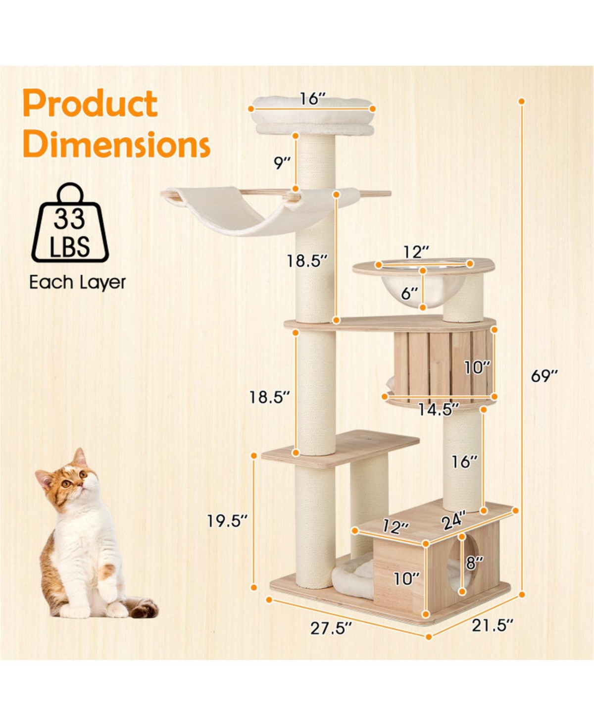 Hongge 69-Inch Tall Cat Tree with Washable Plush Cushions