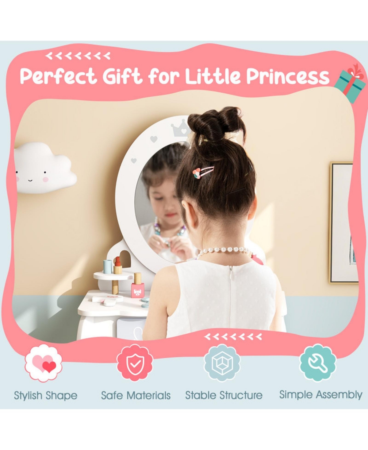 Hongge 2-in-1 Wood Kids' Desk Set with Removable Mirror and Stool