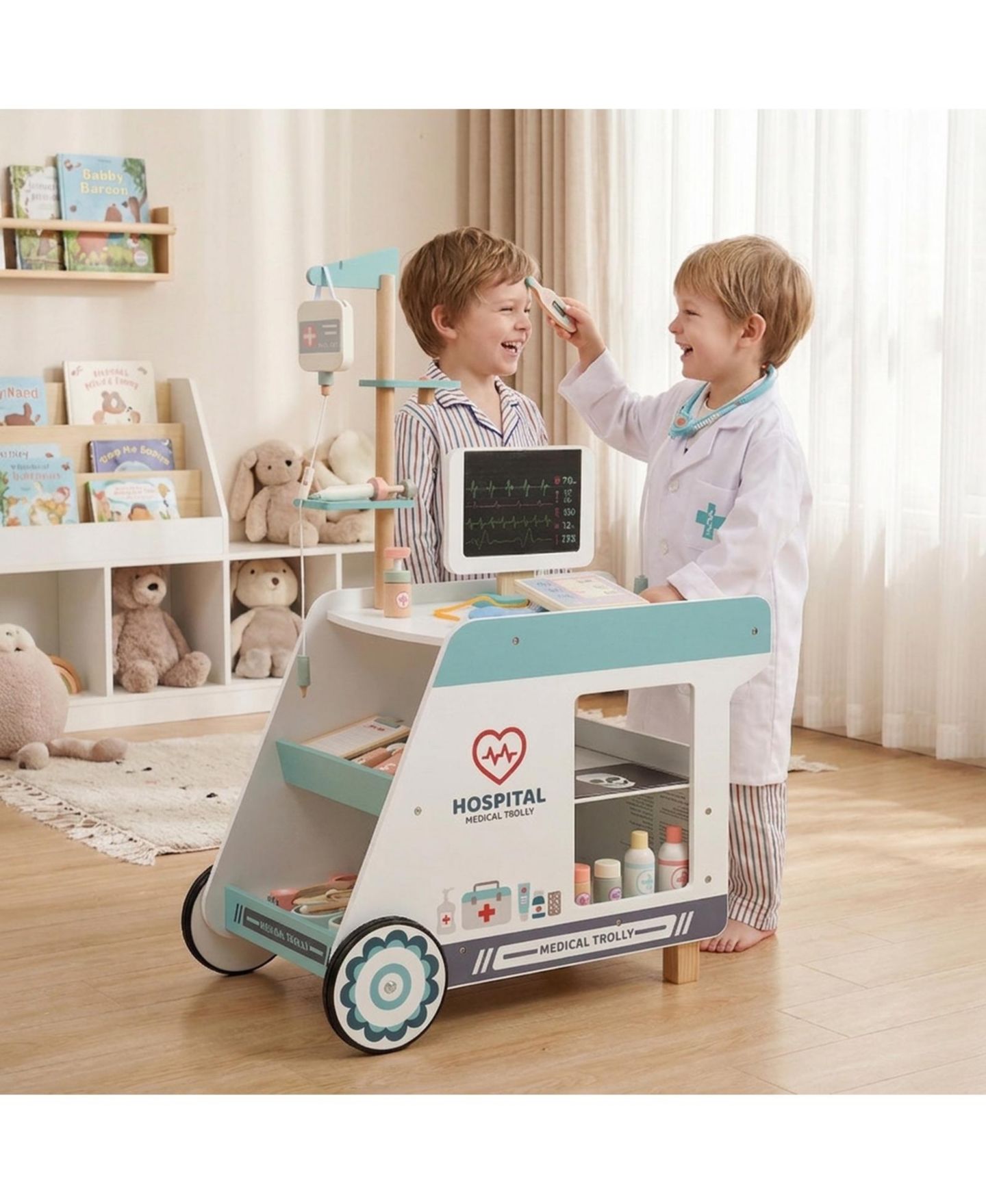 Детский игровой набор HONGGE Doctor CT Scanner Rolling Cart Wooden Playset, Ages 3+, цвет: Зелёный / Розовый — фото 10