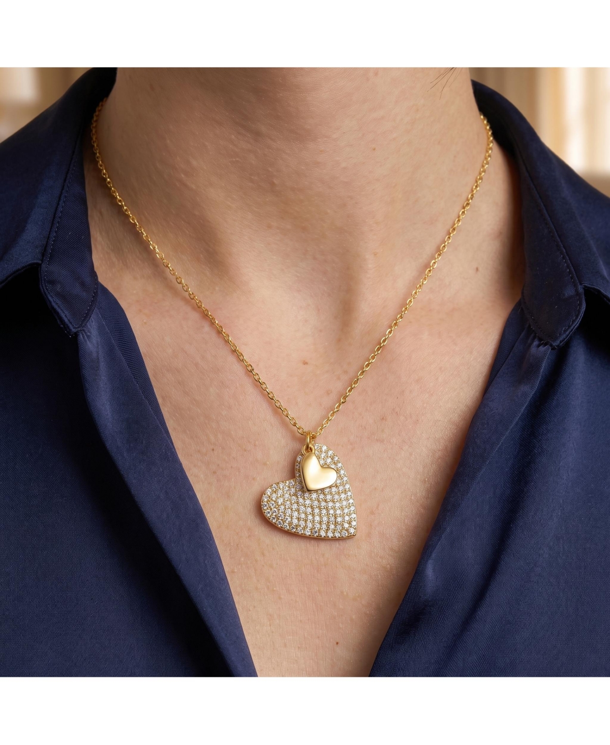 Sterling Silver 14k Yellow Gold Plated with Cubic Zirconia Pave Double Dangle Heart Charm Pendant Layering Necklace
