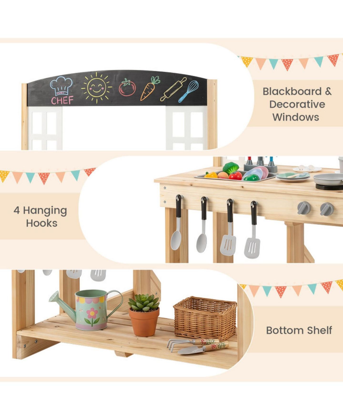 Детский игровой набор HONGGE Wooden Outdoor 2-in-1 Mud Kitchen Playset, Ages 3+, цвет: Натуральный — фото 5